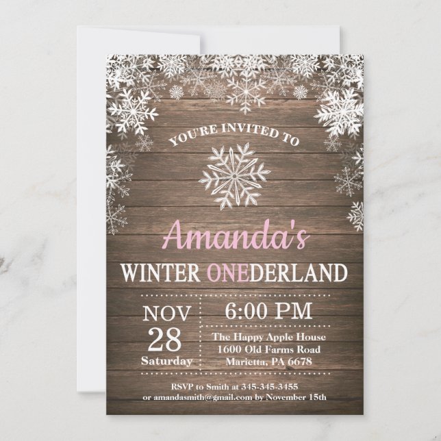Winter Onederland Snowflake Pink Girl 1st Birthday Invitation (Front)