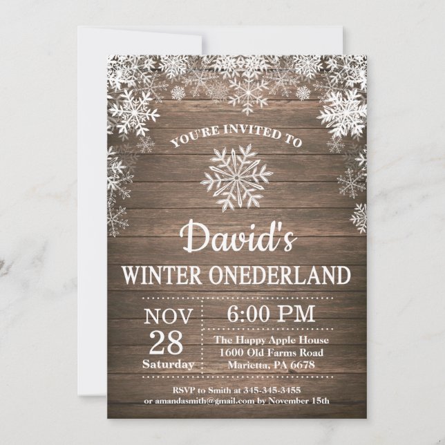 Winter Onederland Snowflake Rustic 1st Birthday Invitation (Front)