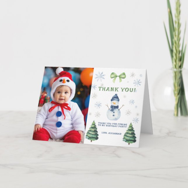 Winter Onederland Snowman Birthday Thank You Card (Front)