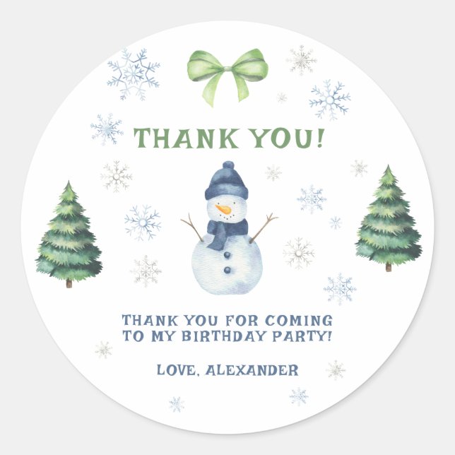 Winter Onederland Snowman Birthday Thank You Classic Round Sticker (Front)
