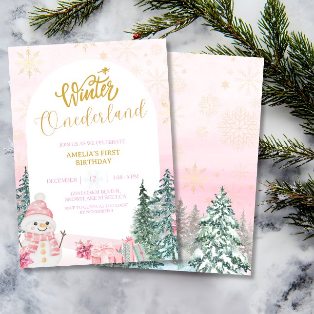 Winter ONEderland Snowman Girl 1st Pink Birthday Invitation (Creator Uploaded)