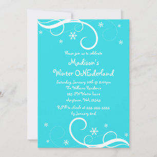 Winter ONEderland Teal Swirl Snowflakes Invitation