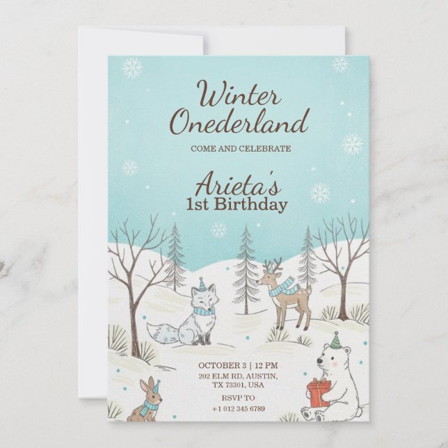 Winter Onederland themed birthday invitation (Front)
