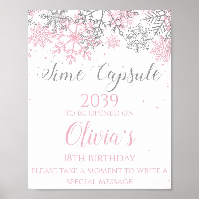 Winter ONEderland Time Capsule Sign Pink Silver (Front)