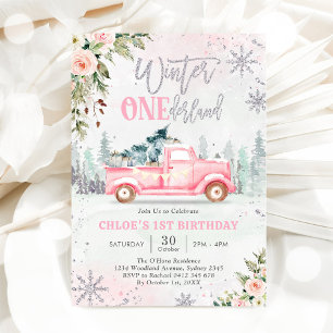 Winter ONEderland Truck Pink Girl 1st Birthday Invitation
