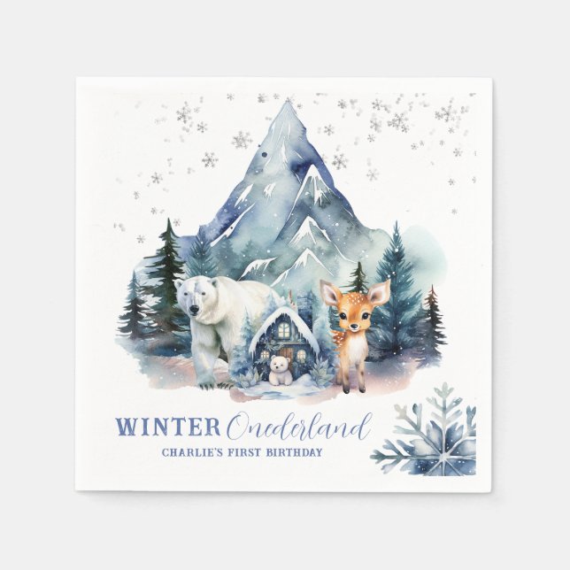 Winter Onederland Whimsical Woodland 1st Birthday Napkin (Front)
