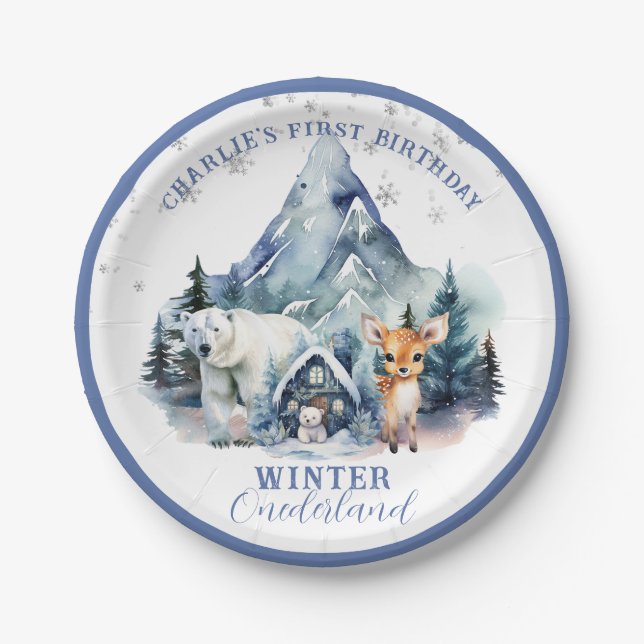 Winter Onederland Whimsical Woodland 1st Birthday Paper Plate (Front)