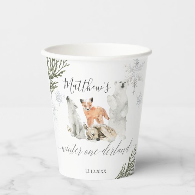 Winter Onederland Woodland Animal Birthday Paper Cups (Front)