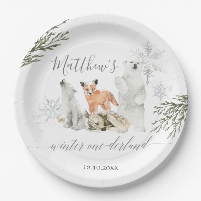 Winter Onederland Woodland Animal Birthday Paper Plate (Front)