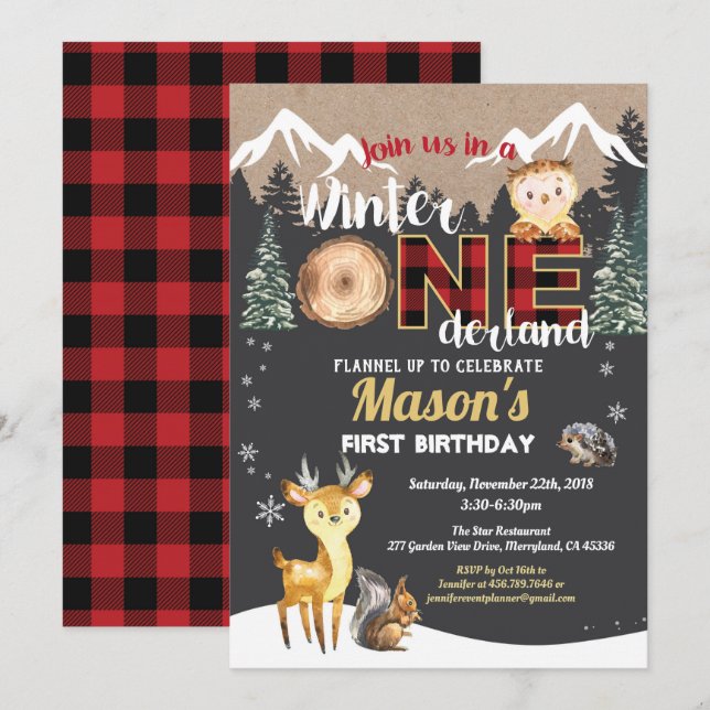 Winter Onederland woodland animal first birthday Invitation (Front/Back)