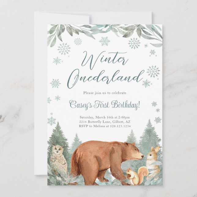 Winter Onederland Woodland Animal Party Invitation (Front)