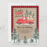 Winter ONEderland Woodland Animals 1st Birthday Invitation<br><div class="desc">Celebrate your little one's 1st birthday with this adorable winter-themed invitation. The sweet design features a group of woodland animals in a vintage red truck,  pine trees and snowy landscape on a cute red & black buffalo plaid background</div>