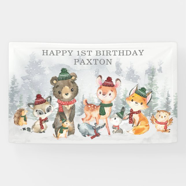 Winter Onederland Woodland Animals Happy Birthday Banner (Horizontal)