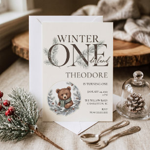 Winter ONEderland Woodland Bear First Birthday Invitation