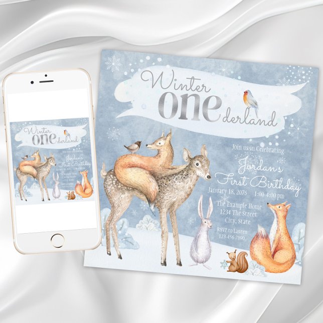 Winter Onederland Woodland First Birthday Party Invitation (Winter Onederland Woodland First Birthday Party Invitation with woodland animals. )