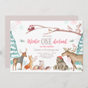 Winter ONEderland Woodland Pink Birthday Invitation