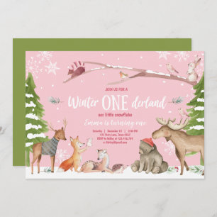 Winter ONEderland Woodland Pink Birthday Invitation