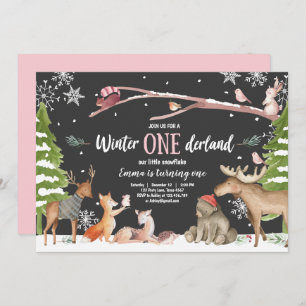 Winter ONEderland Woodland Pink Birthday Invitation