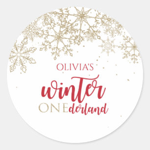 Winter ONEdernald Red and Gold Snowflake Birthday Classic Round Sticker