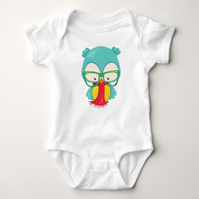 Winter Owl, Hipster Owl, Owl With Glasses, Scarf Baby Bodysuit (Front)
