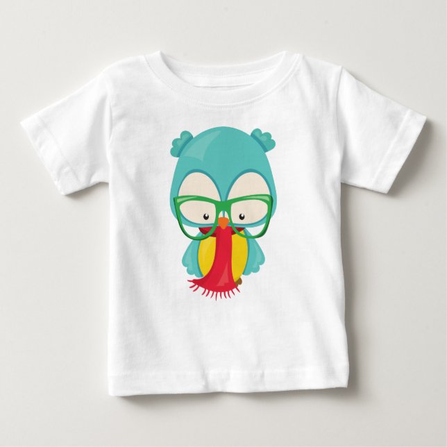 Winter Owl, Hipster Owl, Owl With Glasses, Scarf Baby T-Shirt (Front)