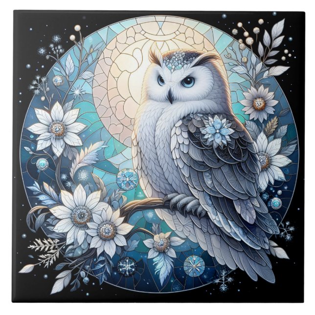 Winter Owl Stained Glass Elegant Snowy Nocturnal Tile (Front)