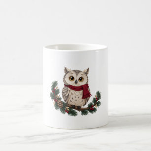 Winter Owl with Burgundy Scarf and Pine Branch Coffee Mug