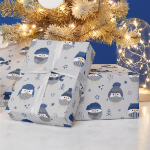 Winter owls with wool hats blue wrapping paper