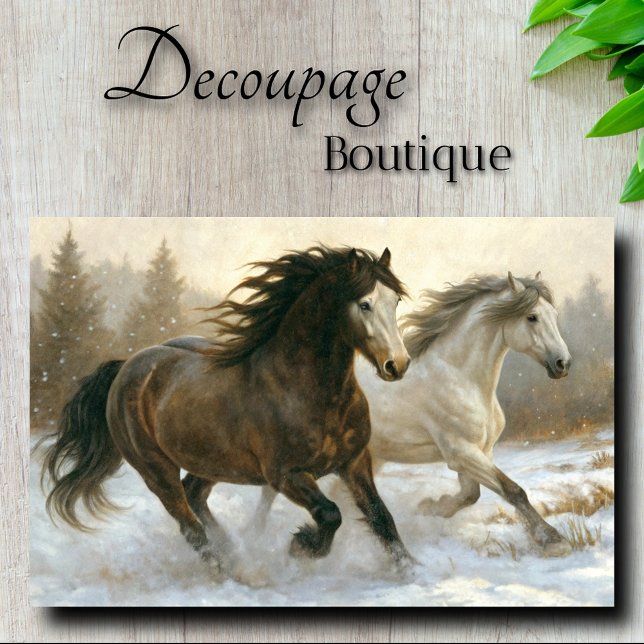 Winter Pair of Running Horses Decoupage Tissue Paper (Winter Pair of Running Horses Decoupage Tissue Paper)