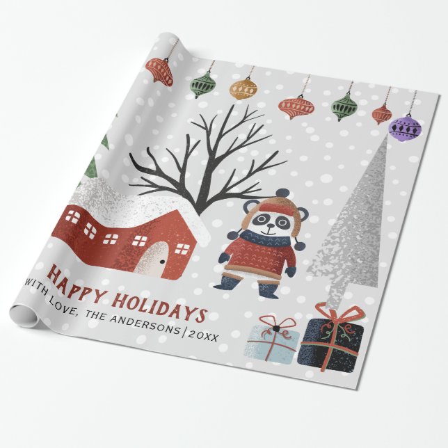 Winter panda and trees Happy holidays Christmas Wrapping Paper (Unrolled)