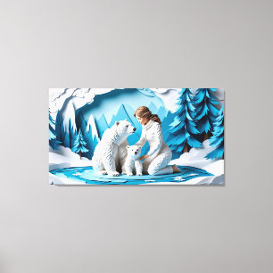 Winter Paper Art Scene With Woman And Polar Bears Canvas Print