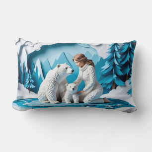 Winter Paper Art Scene With Woman And Polar Bears Lumbar Cushion