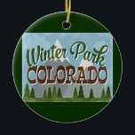 Winter Park Colorado Fun Retro Snowy Mountains Ceramic Tree Decoration<br><div class="desc">Winter Park Colorado neo vintage travel design in fun retro cartoon style featuring snow capped mountains,  forest and trees below,  blue skies and cool retro script text.</div>