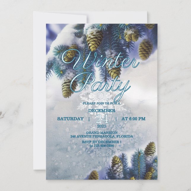 Winter Party Invitation, Snowy Celebration Holiday Card (Front)