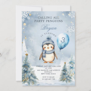 Winter Party Penguin Blue Christmas 3rd Birthday Invitation