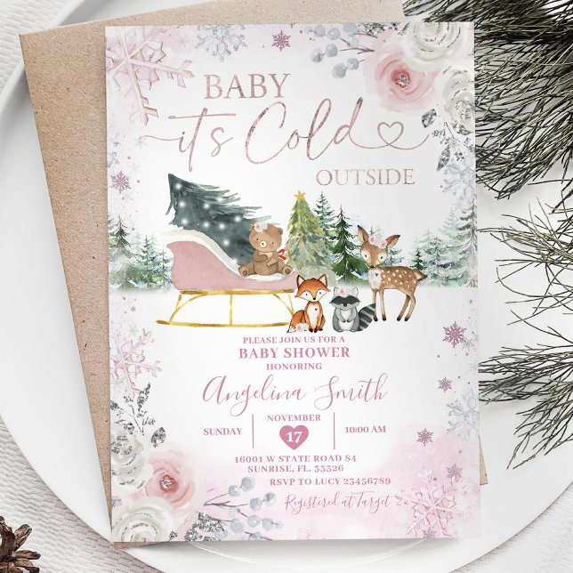 Winter Pastel Pink Snowflake Sleigh Baby Shower Invitation (Creator Uploaded)