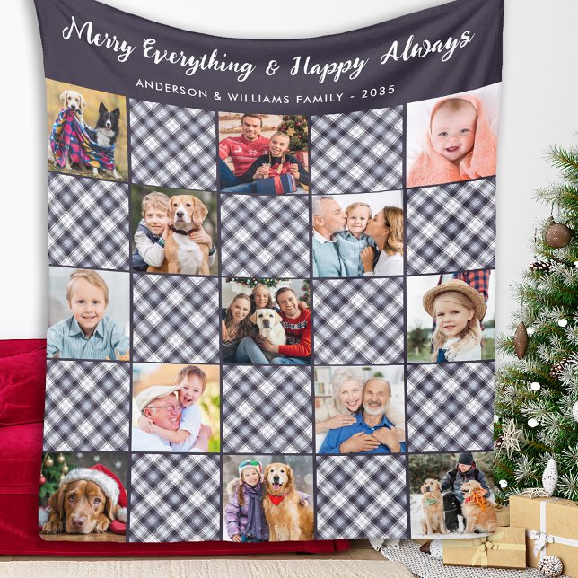 Winter Patchwork Plaid Custom 13 Photo Collage Fleece Blanket (Creator Uploaded)