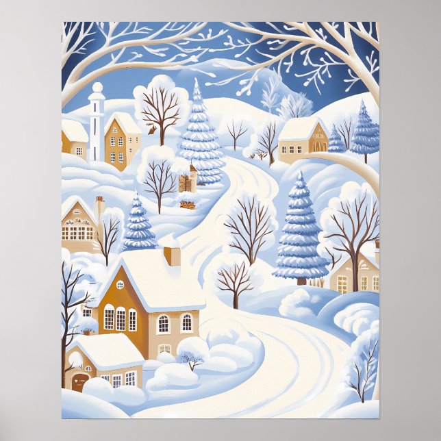 Winter Path Through Snowy Village and Trees Poster (Front)