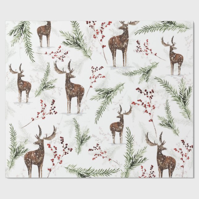 Winter Pattern Deer And Fir Needles Wrapping Paper (Flat)