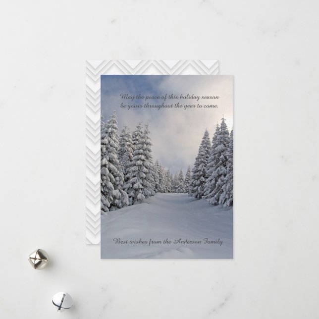 Winter Peaceful Snow Pine Trees Holiday Greetings Card (Front/Back In Situ)