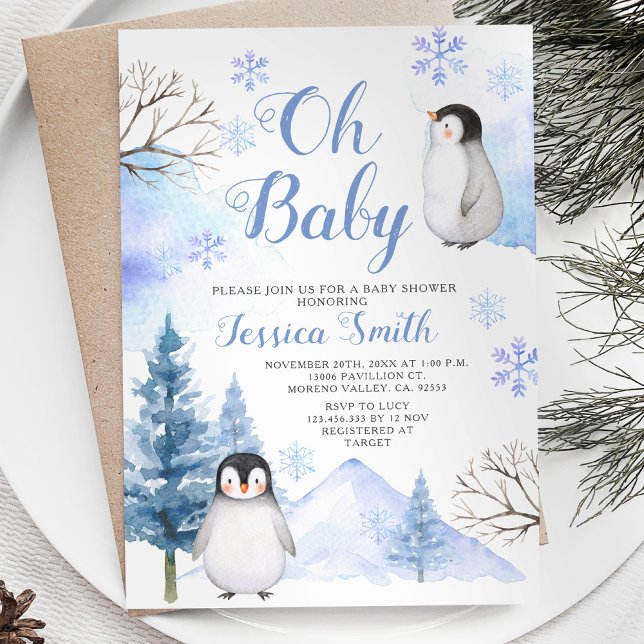 Winter Penguin Animal Mountain Baby Shower Invitation (Creator Uploaded)