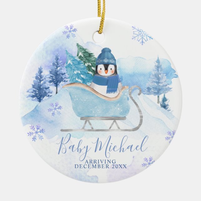 Winter Penguin Baby Boy Pregnancy Announcement Ceramic Tree Decoration (Front)