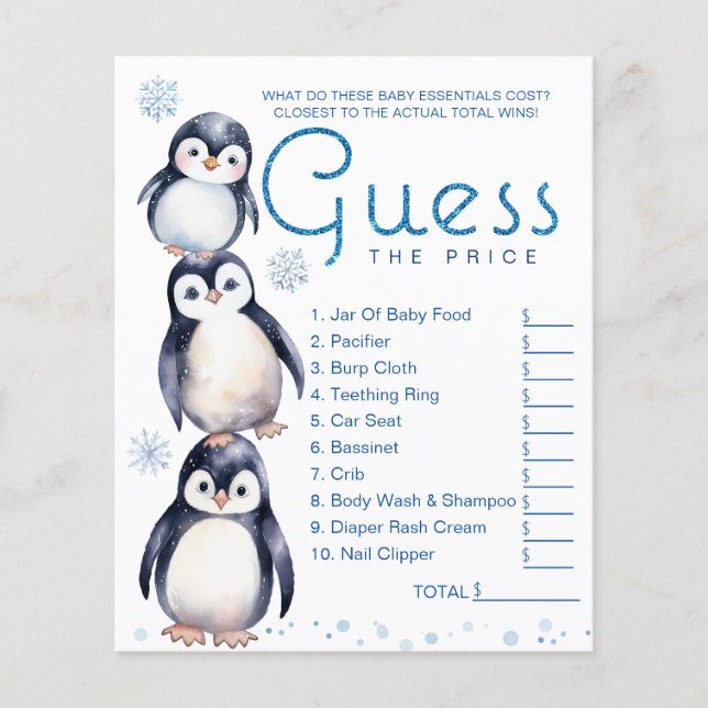 Winter Penguin Baby Shower Game Sheet (Front)