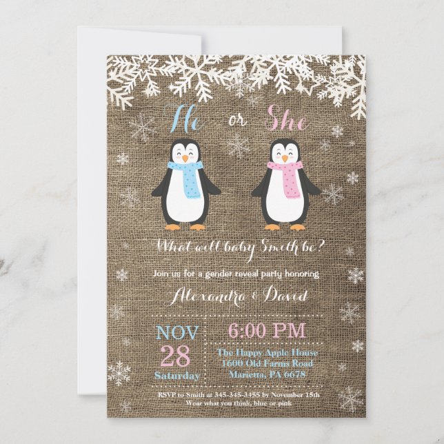 Winter Penguin Bear Gender Reveal Invitation (Front)