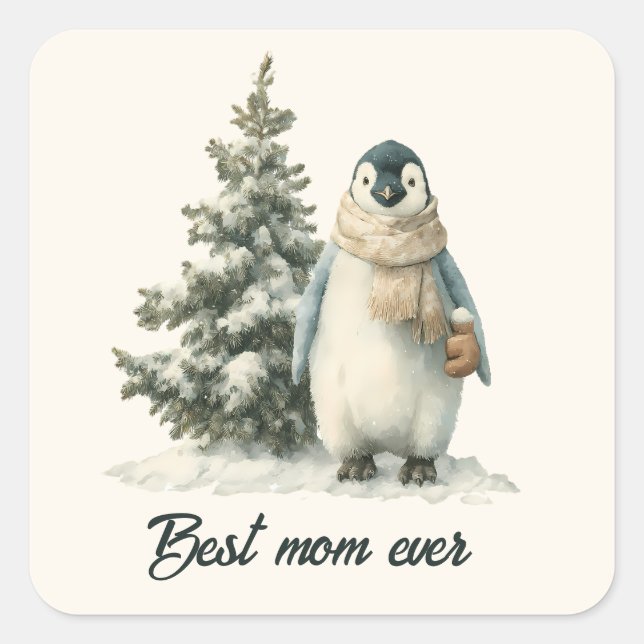 Winter Penguin “Best Mum Ever” Design Square Sticker (Front)