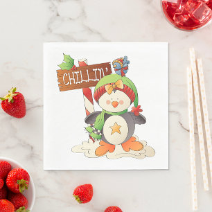 Winter Penguin & Bird Chillin Christmas Holiday  Napkin