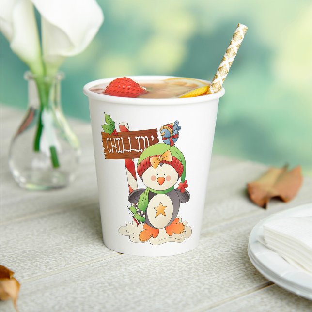 Winter Penguin & Bird Chillin Christmas Holiday  Paper Cups (Creator Uploaded)