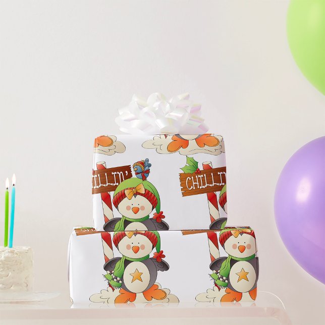 Winter Penguin & Bird Chillin Christmas Holiday  Wrapping Paper (Creator Uploaded)