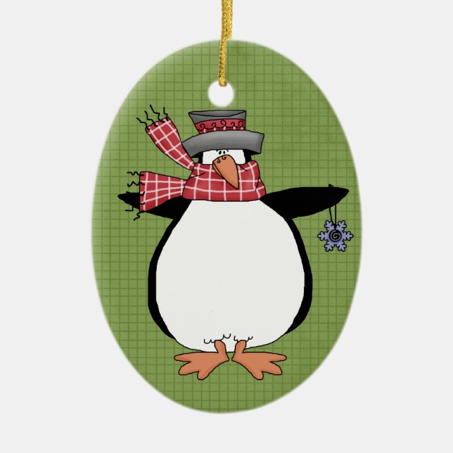 Winter Penguin Ceramic Christmas Ornament (Front)