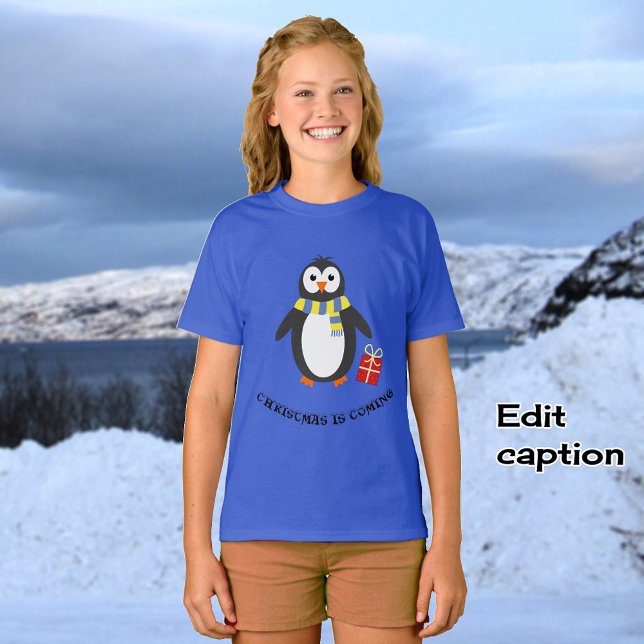 Winter penguin cute playful customise T-Shirt (Deep royal t-shirt with 'Vivid Printing' option)